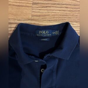 Navy blue red logo polo